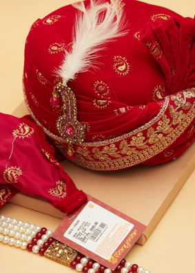 Red And Gold Brooch And Feather Detailed Safa image number 1